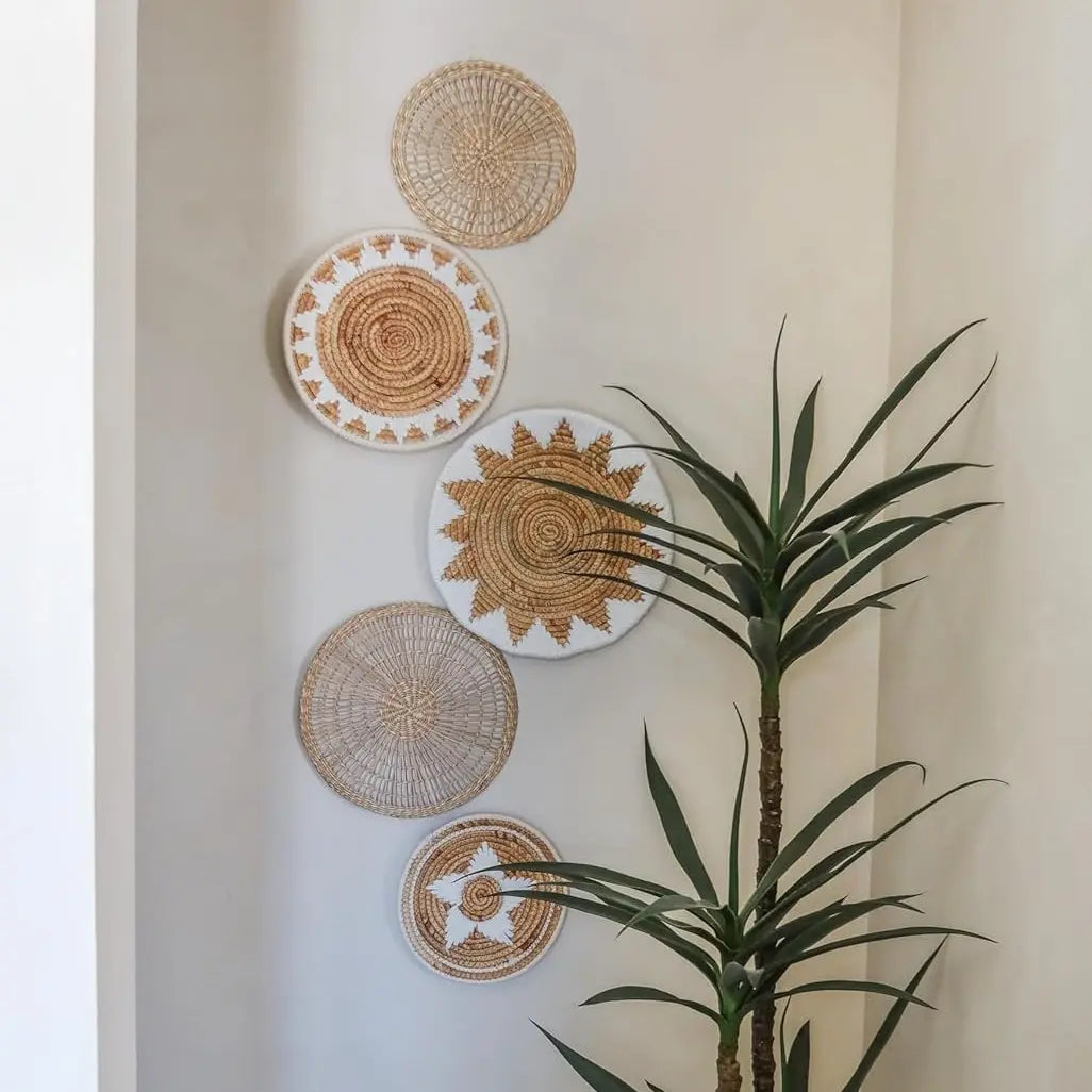 TheNamiCollection Woven Wall Basket Set - Five Hanging Seagrass Baskets. Organic Modern Styled Baskets Perfect For Trendy, All Natural Home Decor