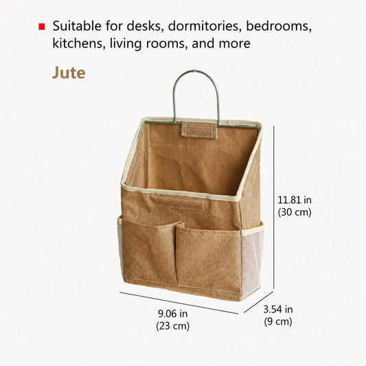 Cotton-Linen Style Wall Hanging Organizer with Stainless Steel Frame, Multi-Pocket Hanging Storage Bag for Easy Installation, Wall-Mount Holder for Books, Phone, Remote, Stationery (Home, Office Use)