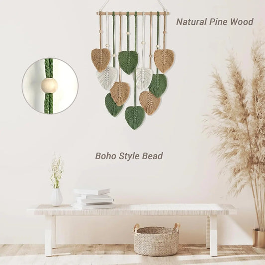 Macrame Wall Hanging Nursery Decor Leaves Woven Tapestry Feather Handmade Yarn Tassels Boho Wall Decor Leaves Art Decorations for Nursery Bedroom Living Room Apartment Home Backdrop (Green)