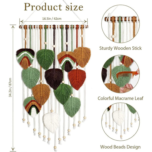 Handmade Macrame Woven Fabric Wall Hanging - Boho Leaf Feather Tapestry, Hangable Wall Decoration for Bedroom Living Room, 16x34in Indoor Recreation Room Decorations