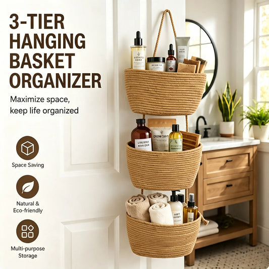 Humbson 11 in 3-Tier Boho Jute & White Handwoven Over-The-Door Hanging Organizer with Hooks - Wall Mount Storage for Pantry, Portable Home Decor Accessory
