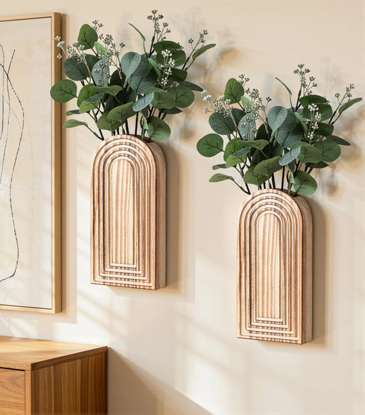 Ivydale 2-Pack Decorative Lightweight Wooden Wall Vase Set with Fake Plants, Boho Modern Farmhouse Hanging Planters for Narrow Spaces, Brown House Decor Gift for Bedroom Aesthetic Decorations, Wall Decor
