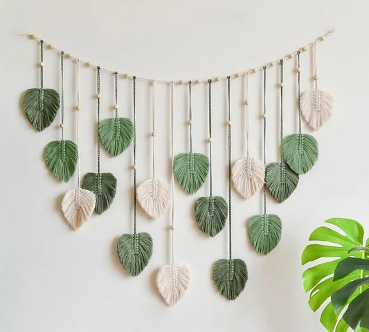 Large Handmade Boho Macrame Leaf & Feather Tapestry Wall Hanging - Hangable Room Decor, Entryway Tapestry Wall Mural, Gift for Nursery Bedroom, Green Home Decor Accent