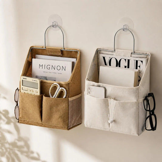 Cotton-Linen Style Wall Hanging Organizer with Stainless Steel Frame, Multi-Pocket Hanging Storage Bag for Easy Installation, Wall-Mount Holder for Books, Phone, Remote, Stationery (Home, Office Use)