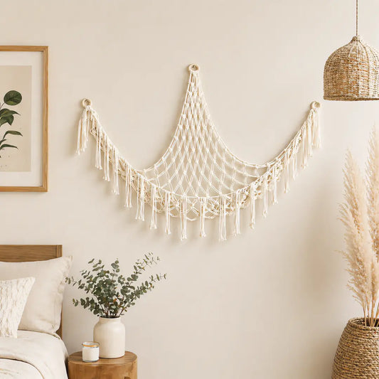 Boho Cotton Macrame Wall Decor - Handmade Texture, Lightweight Hangable Organiser, Multi-Functional Hanging Storage Net for Bedroom & Home Organization