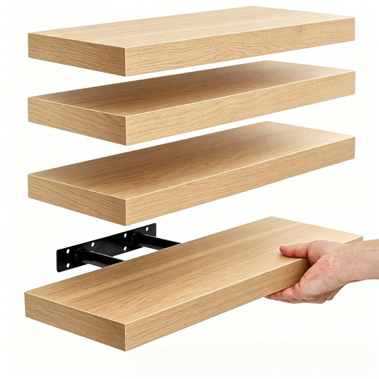 Bosniik Oak Floating Wall Shelves, 15.8in Frosted Artificial Wood Block Organizer (4 Sets, Invisible Brackets, 20 lb Capacity) for Bedroom, Kitchen, Easy Assembly, Plant Display
