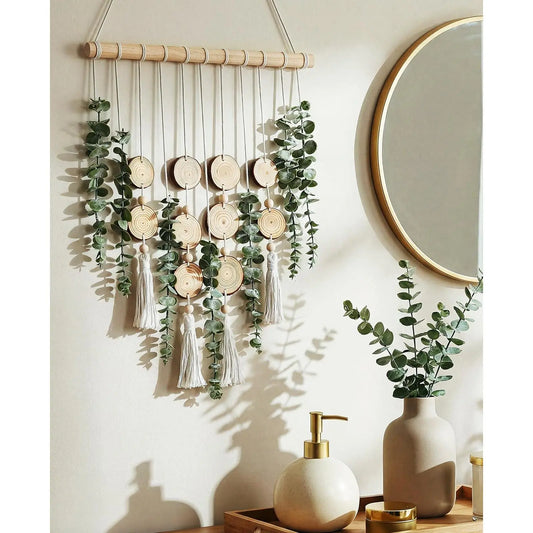 Boho Artificial Eucalyptus Wall Decor Hanging - 33.1 in Lightweight Fake Greenery with Wood Slices, Tassels, Leaf Pattern, Adjustable Rope, Mixed Materials, Rustic Farmhouse Accent, Gift Ready for Home (Bathroom, Bedroom)