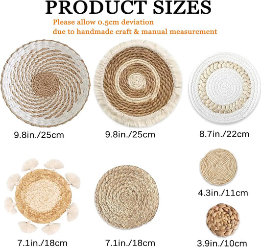 Pack of 7 Boho Wall Basket Decor - Seagrass Rattan Wicker Wall Decor Round Handmade Hanging Rustic Flat Elegant Wall Art for Farmhouse Living Rooms Bedrooms Display Table Settings Kitchen Home