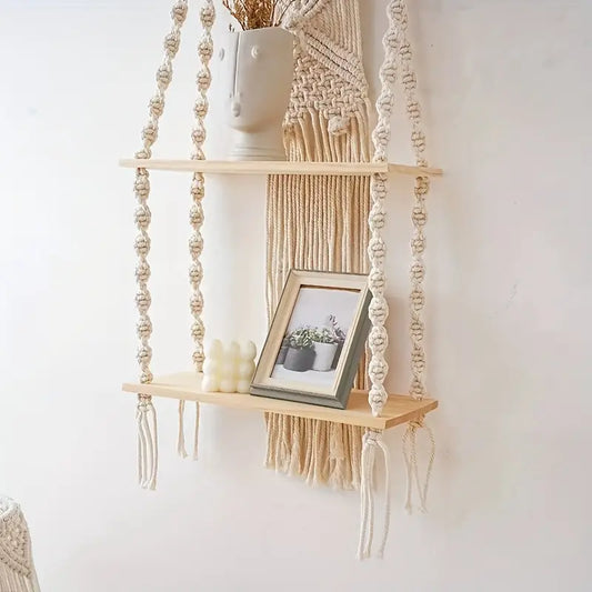 Macrame Wall Hanging Shelf 2 Tier Handmade Boho Hanging Wall Shelf Floating Woven Rope Decorative Storage Racks Holder Organizer for Home Bedroom Bathroom Plants, Beige