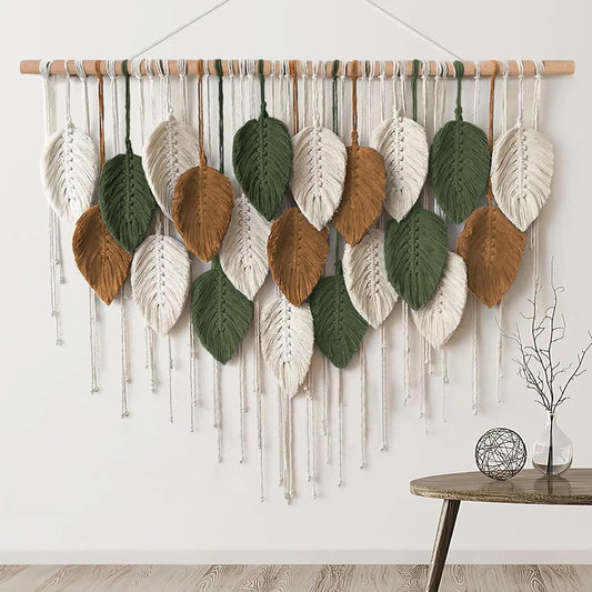 Cotton Large Macrame Wall Hanging - Hangable Feather Leaf Design Decorative Home Accessory, Handmade Boho Woven Tapestry, Wooden-Accent Unique Room Decor for Living Room Bedroom, 39"W x 29.5"L Ideal Gift