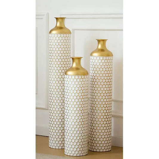 Set of 3 Tall White Embossed Geometric Cylinder Floor Vases - 33.4in, 28.74in, 24.4in H - for Living Room Home Decor, Back to School, 4th of July, Thanksgiving, Easter, Black Friday, Aesthetic Home Decor