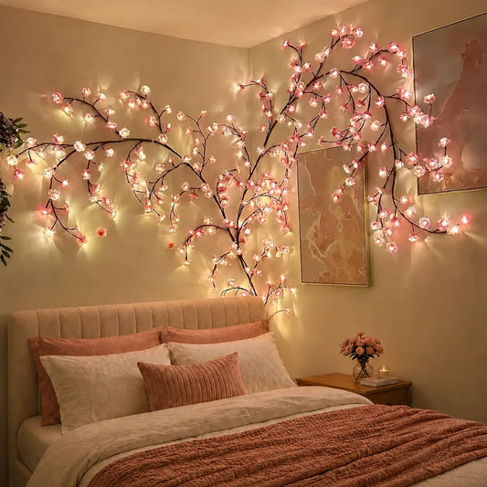 LED Cherry Blossom Tree Branch Fairy Lights - DIY Flexible Bendable LED Vines Garland, Wireless Remote, Indoor Decorative Romantic Floral Wall Lighting, Home Room Decor, Boujee Home Accessories, Duct Tape Compatible for Bedroom Wedding Gifts