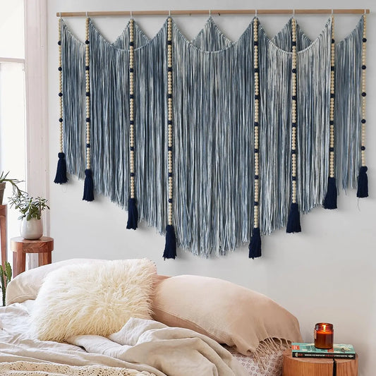 Large Macrame Wall Hanging 57x43 Inch Blue Dip Dye Bead Boho Wall Decor Handmade Cotton Wall Art