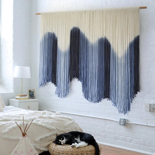 IOWER Large Blue Dip Dyed Macrame Wall Hanging, Handmade Boho Fiber Art Tapestry for Living Room and Bedroom, 57 x 39 Inch