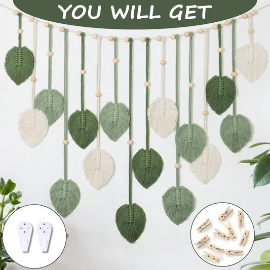Large Boho Handmade Macrame Wall Hanging Tapestry with Wood Beads, Beige-Green Chic Leaves & Feathers, Decorative Boho Wall Art Gift for Bedroom, Living Room