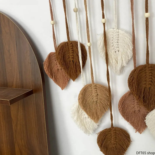 Hand-Woven Leaf-Shape Bohemian Macrame Dreamcatcher Wall Hanging - Rattan Wind Chime, Natural Fiber DIY Bag Accessory, Bedroom Decoration, Artistic Whimsical Home Decor