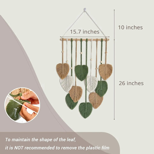 Macrame Wall Hanging Nursery Decor Leaves Woven Tapestry Feather Handmade Yarn Tassels Boho Wall Decor Leaves Art Decorations for Nursery Bedroom Living Room Apartment Home Backdrop (Green)