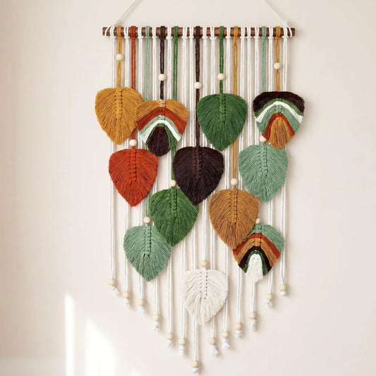 Handmade Macrame Woven Fabric Wall Hanging - Boho Leaf Feather Tapestry, Hangable Wall Decoration for Bedroom Living Room, 16x34in Indoor Recreation Room Decorations