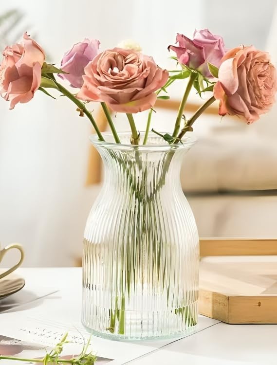New 2026 Design Ribbed Glass Vase Wide - 8 Inch Tall Ribbed Vase for Wedding Reception, Home Decor, Housewarming Gift - Decorative Flower Vases - Bud Vase for Centerpieces & Cylinder Vases
