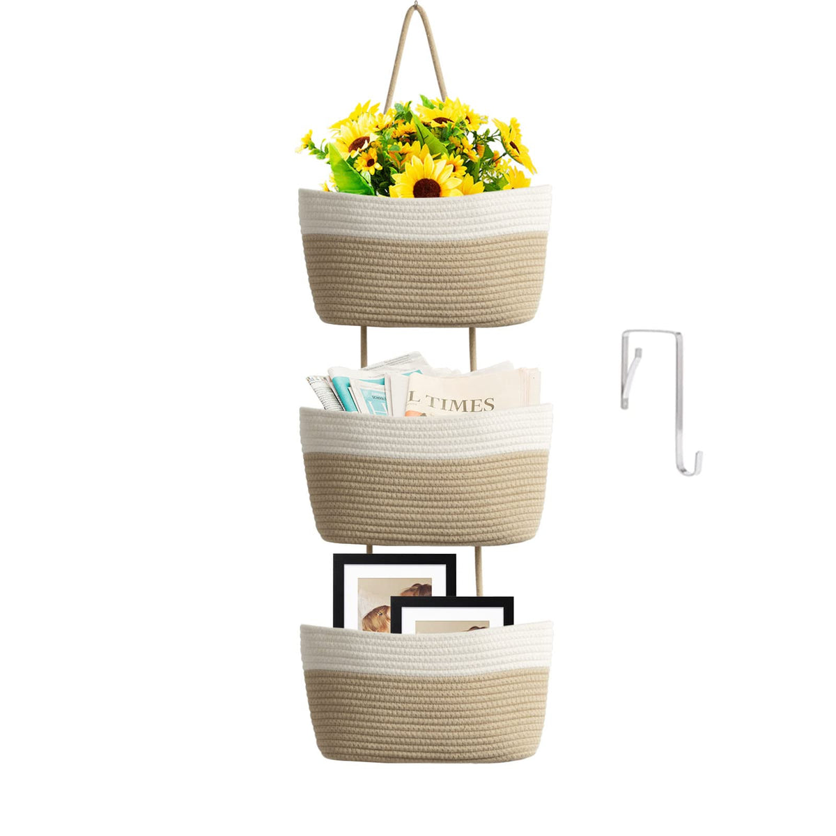 TeoKJ Over the Door Hanging Basket, 3-Tier Woven Cotton Wall-Mounted Storage Organizer Bag Decorative Hanging Nursery Baskets, Jute