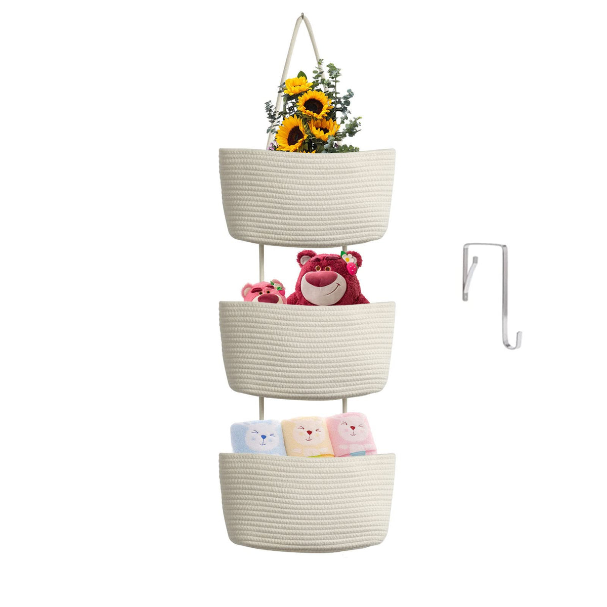 TeoKJ Over the Door Hanging Basket, 3-Tier Woven Cotton Wall-Mounted Storage Organizer Bag Decorative Hanging Nursery Baskets, Jute