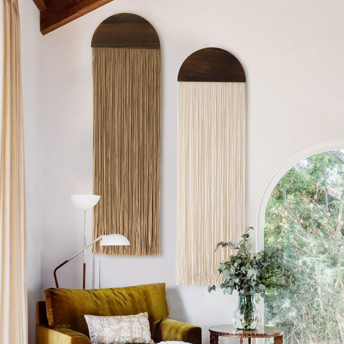 2Pcs Macrame Wall Hanging Boho Decor yarn Handmade Round Tassel 13.7"W*51"L