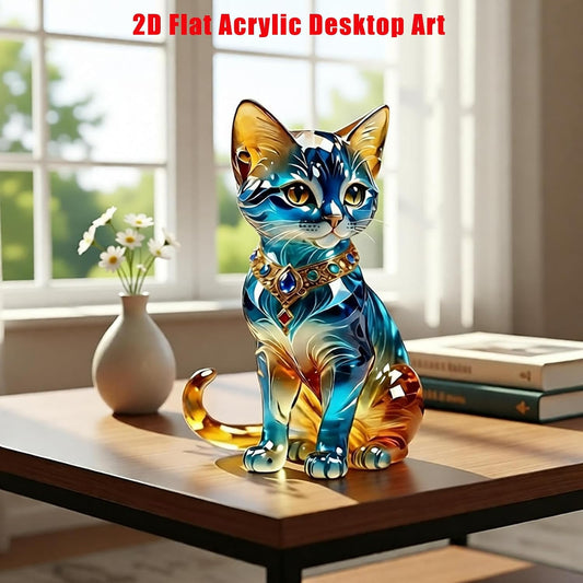 Desktop Ornament, Acrylic Fairy Tabletop Decoration, 2D Flat Elf Desktop Art Statue, Creative Decoration for Home Table Top Bedroom Living Room Study Room Office Decor (Blue-Cat)
