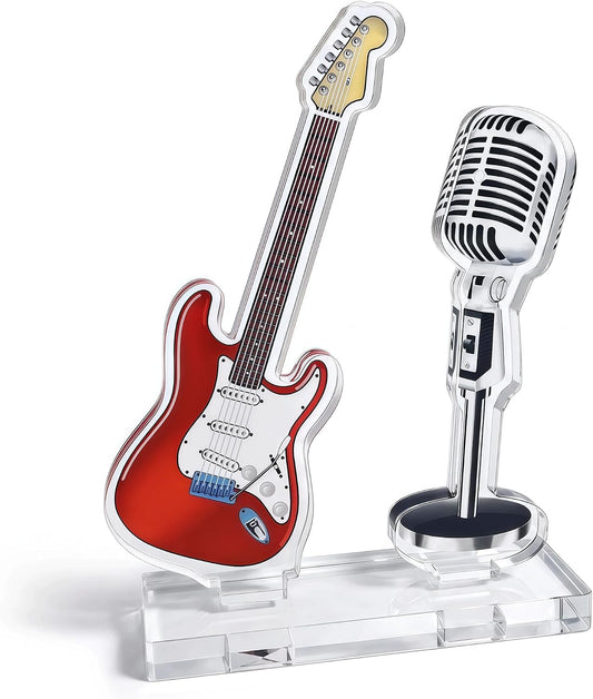 Clear Acrylic Guitar and Mic Desktop Ornament, Tabletop Music Decor Stand