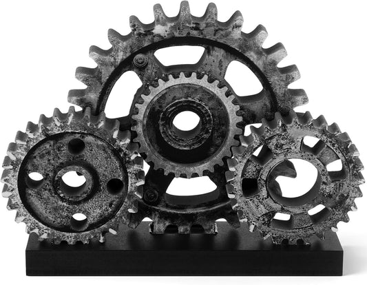 Novabright Steampunk Industrial Gear Train Figurine, Vintage Black Silver Wooden Gear Wheel Desktop Ornament, Retro Mechanical Steam Punk Gift for Living Room, Bedroom & Office Bookshelf Decor