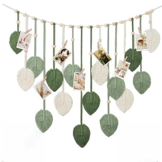 Large Boho Handmade Macrame Wall Hanging Tapestry with Wood Beads, Beige-Green Chic Leaves & Feathers, Decorative Boho Wall Art Gift for Bedroom, Living Room