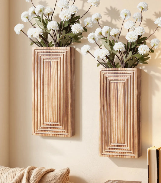 Ivydale 2-Pack Brown Wooden Hanging Wall Planter Vase - Handmade Craft Wall Decor, Aesthetic Home Decor for Living Room, Bedroom, 12.5"l x 5.9"w x 3.9"h Indoor Fake Plant Holder