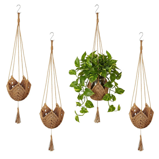 GARVEE 4-Pack Natural Jute Rope Macramé Weave Hanging Planter Baskets Set, Boho Wall Decor with Hooks, 5kg Load Capacity for Succulents & Trailing Plants, Indoor-Outdoor Use