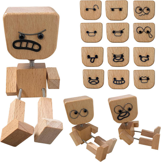 Shaking Wooden Man Figurine for Car Dashboard w/ 12PCS Magnetic Expressions