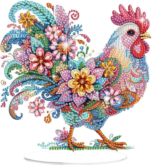 Bowetile Chicken Diamond Art Desktop Ornaments Kits for Adults Beginners, 5D Special Shape Diamond Art Painting Animals Tabletop Ornaments, Crystal Gem Art Painting for Home Table Decor Crafts Gift