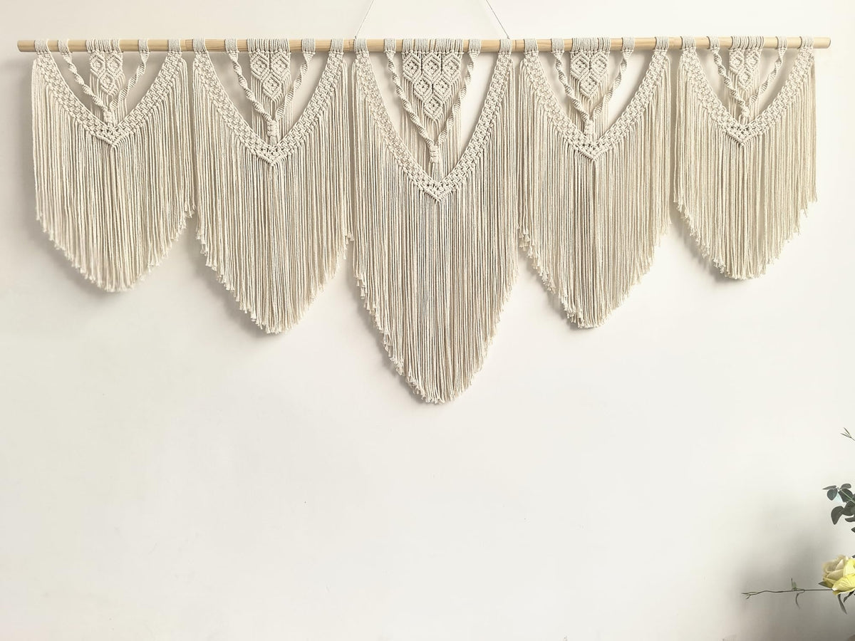 guzhiou Large Macrame Wall Hanging, 27'' W x 36'' L Boho Art Tapestry Wall Decor for Urban entryway,Living Room,Bedroom Decor, headboard Woven, Big Fiber Art Over Couch (Wood Bead)