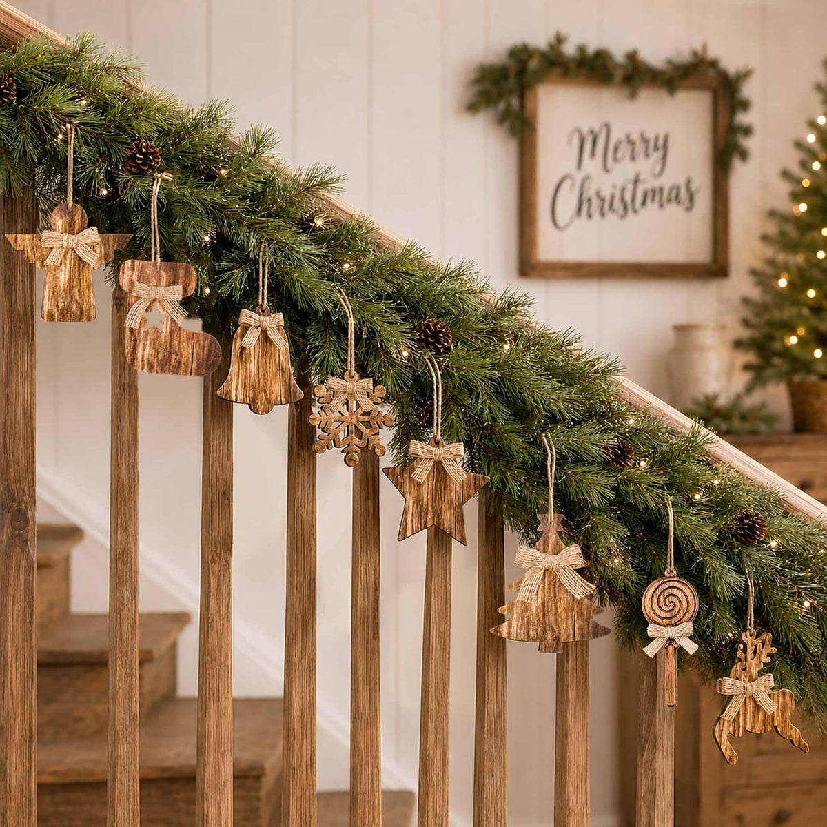 12Pcs Rustic Wooden Christmas Tree Ornaments, Farmhouse Hanging Ornaments