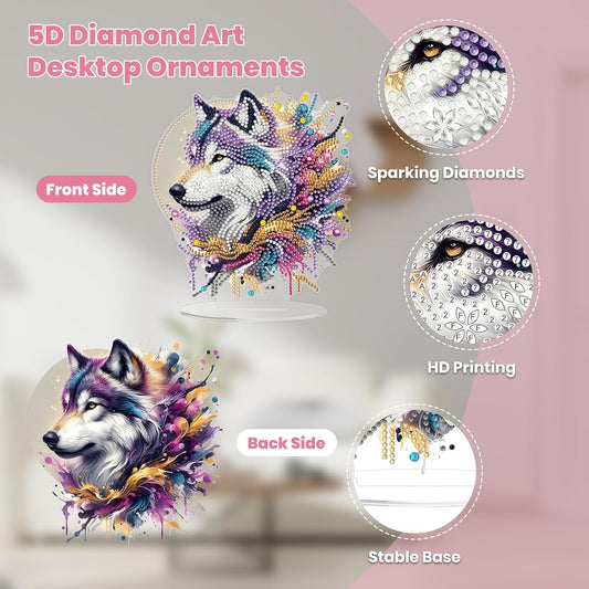MOGTAA 5D Wolf Diamond Art Desktop Ornaments Kits for Adults Double Sided, DIY Stand Up Tabletop Ornament Animal Kits, Special Shaped Crystal Gem Art Painting for Home Office Table Decor Gift