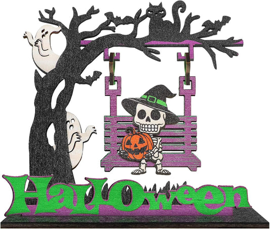 Halloween Decor Skeleton Swing Wooden Desktop Ornament Swing Skull Pumpkin Desktop Decoration Freestanding Wooden Craft Ornament for Halloween Indoor Decor