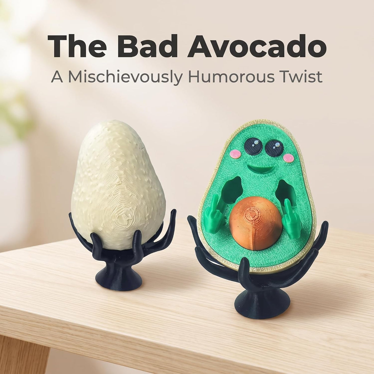 3D Printed Middle Finger Avocado, Bad Avocado Statue with Stand Figurine Cute Funny Statue Gift for Friends Family Desktop Decorative Ornaments (Beige)