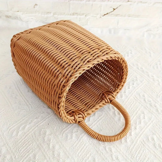 Rustic Handmade Rattan Woven Wall Hanging Basket for Spoon, Chopsticks, Flowers and Sundries Storage - Multipurpose Plastic Wall-Mounted Storage Basket for Home Decor (1pc), Vegetable Basket, Shelf Baskets