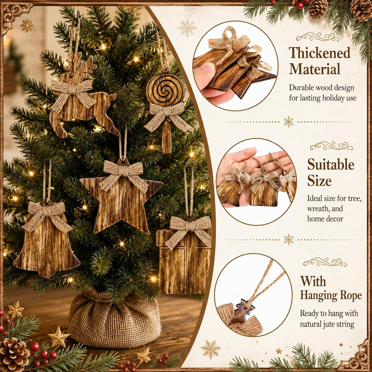 12Pcs Rustic Wooden Christmas Tree Ornaments, Farmhouse Hanging Ornaments