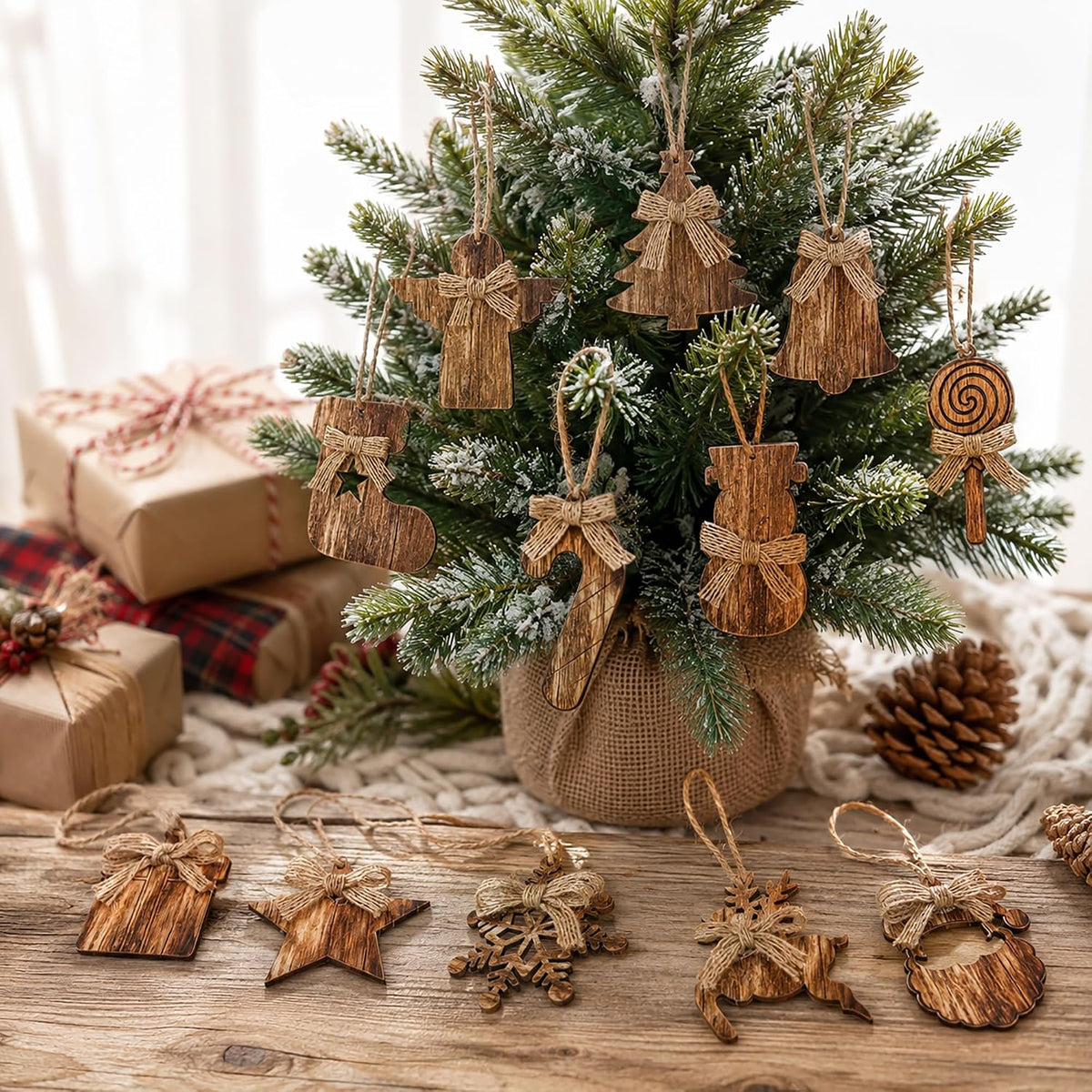 12Pcs Rustic Wooden Christmas Tree Ornaments, Farmhouse Hanging Ornaments