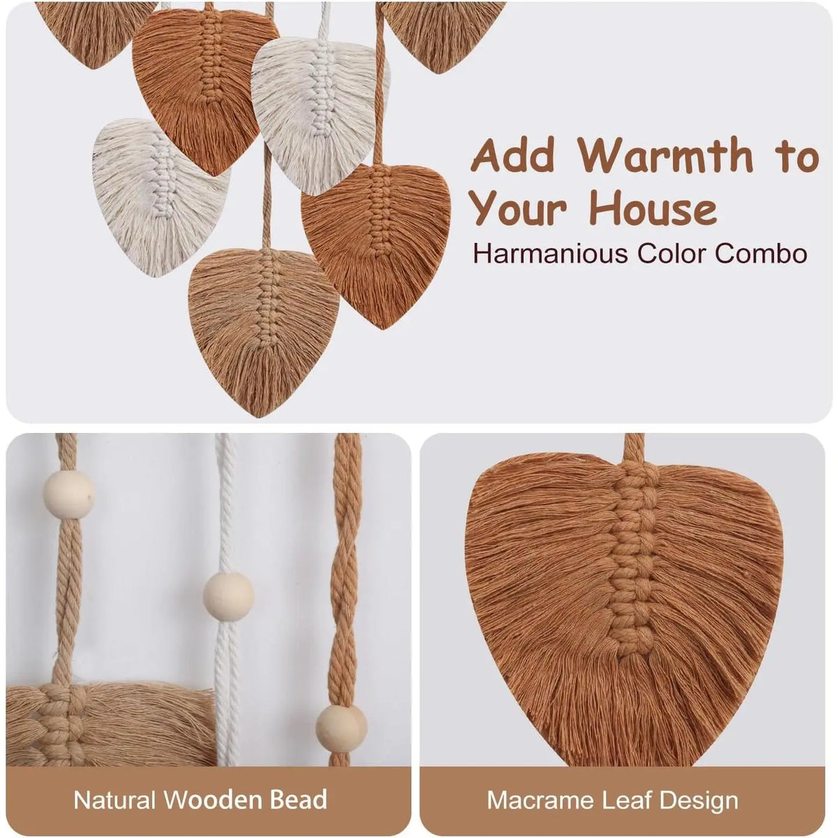 Hangable Macrame Wall Art, Boho Decorative Leaves Tapestry with Handmade Yarn Tassels and Feathers, Indoor Recreation Bedroom Wall Hanging Decor, 16x22in