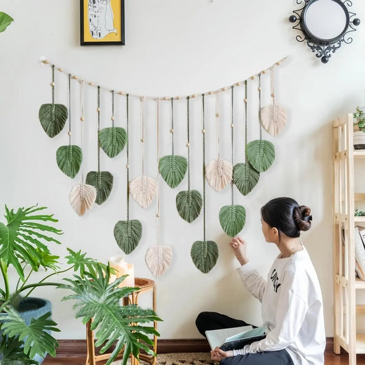 Large Handmade Boho Macrame Leaf & Feather Tapestry Wall Hanging - Hangable Room Decor, Entryway Tapestry Wall Mural, Gift for Nursery Bedroom, Green Home Decor Accent
