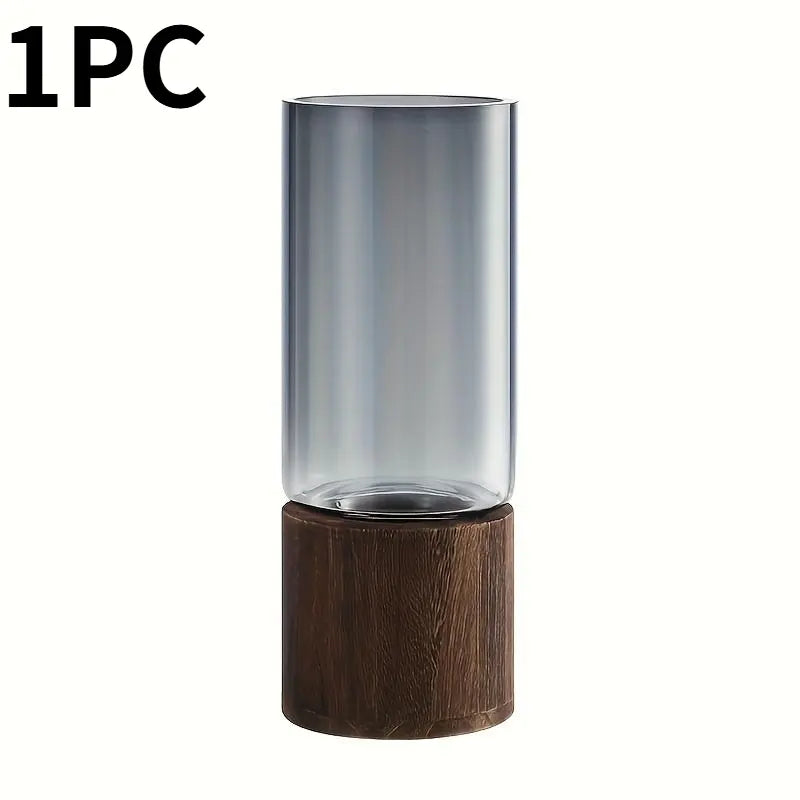 Elegant Glass Vase with Wooden Base, Decorative Vase, Flower Arrangement Vase, Vases for Flowers, Perfect Living Room and Dining Table Decoration, Home Decoration, Ideal Gift for Friends and Family