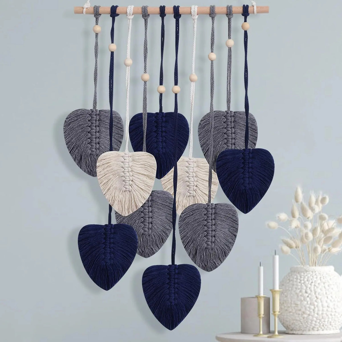 Hangable Macrame Wall Art, Boho Decorative Leaves Tapestry with Handmade Yarn Tassels and Feathers, Indoor Recreation Bedroom Wall Hanging Decor, 16x22in