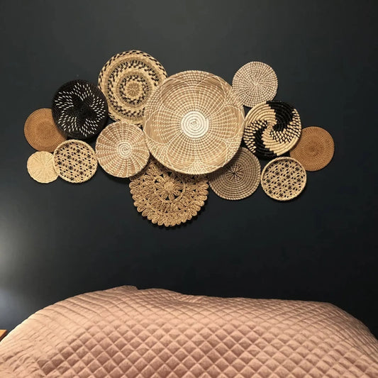 Set of 13 Basket Wall Decor, Boho Wall Decor, Boho Wall Art, Wicker Round Bowl, Wicker Wall Tray, Bohemian Wall Decor, Hanger Wall Plate Hanging Gift Hook Kitchen Hook Kitchen