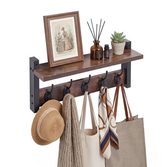 LOVEWE Wood Wall-Mount Coat Rack with Shelf & 5 Tri Hooks, Kitchen Household Organiser with Decor Shelves for Hanging Accessories, Cups, Dinnerware, Hat, Towel, Purse, Jacket
