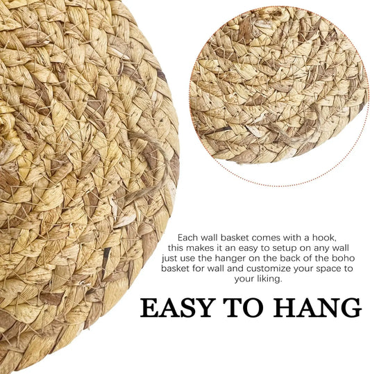 Pack of 7 Boho Wall Basket Decor - Seagrass Rattan Wicker Wall Decor Round Handmade Hanging Rustic Flat Elegant Wall Art for Farmhouse Living Rooms Bedrooms Display Table Settings Kitchen Home