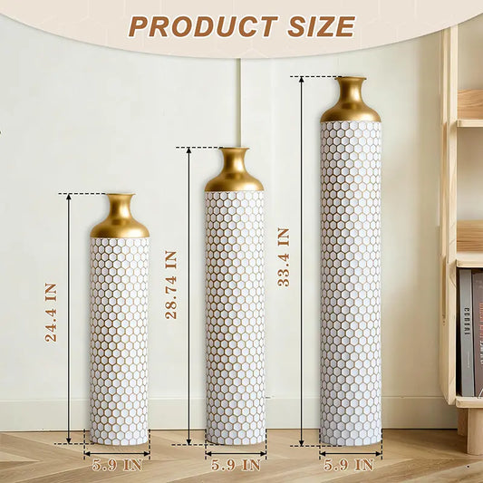 Set of 3 Tall White Embossed Geometric Cylinder Floor Vases - 33.4in, 28.74in, 24.4in H - for Living Room Home Decor, Back to School, 4th of July, Thanksgiving, Easter, Black Friday, Aesthetic Home Decor